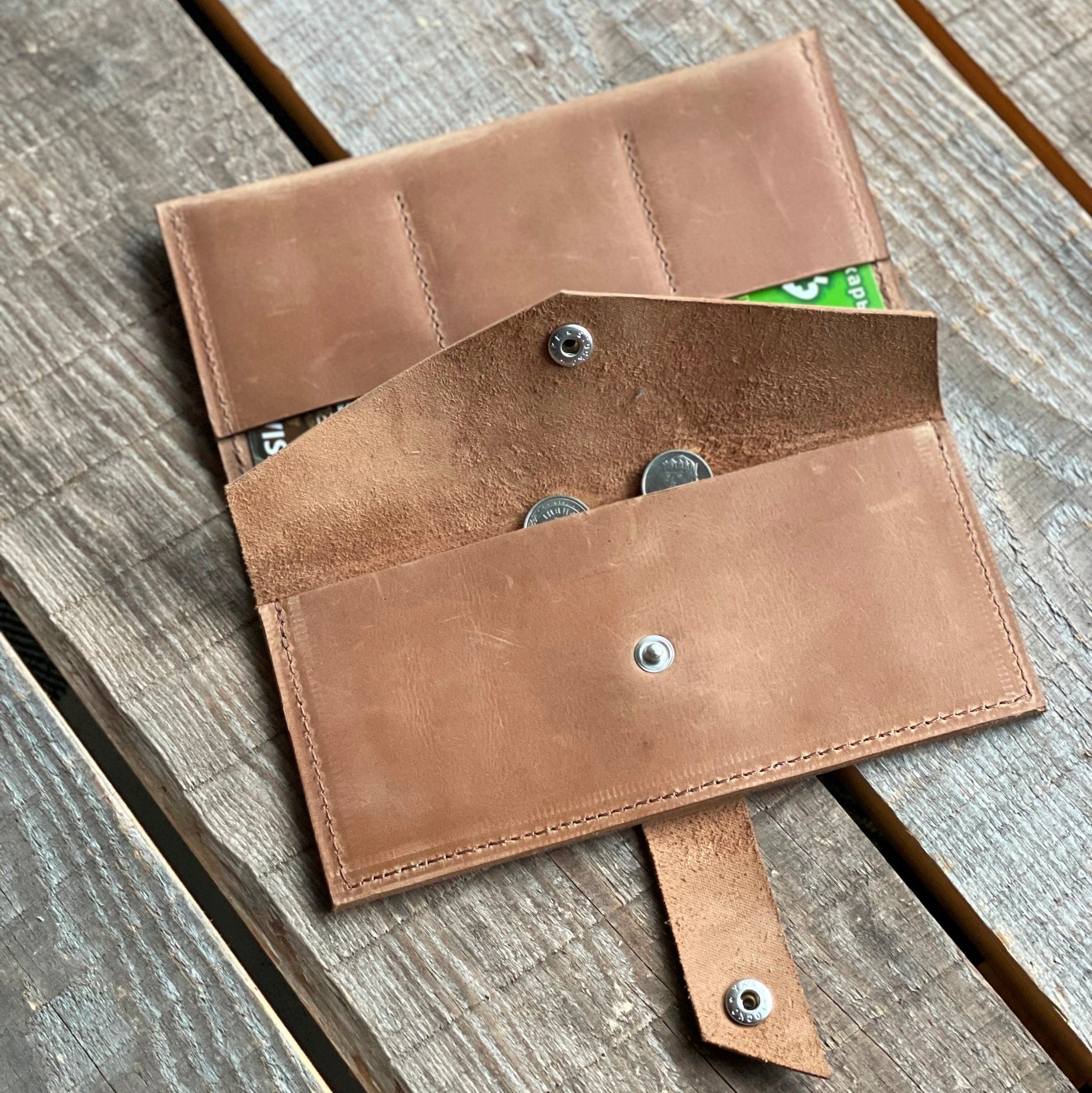 Widok z góry na portfel z otwartą kieszenią na monety.

